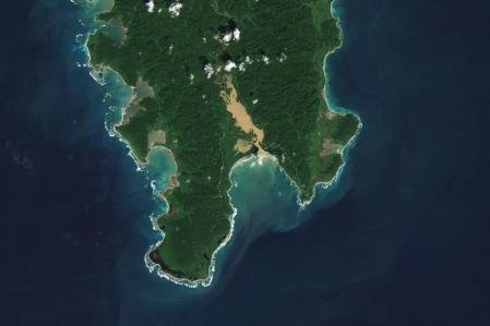 Imagen de satélite del sur de Gran Nicobar, el área expropiada para el proyecto, en la que se aprecia Indira Point, extremo meridional de India. También se ve la gran bahía de Galatea, donde hoy desovan las gigantescas tortugas laúd y donde se construirá un gran puerto de transbordo de contenedores. Entre las especies amenazadas de la isla que no existen en ningún otro lugar está el megápodo de Gran Nicobar, un ave que entierra sus huevos