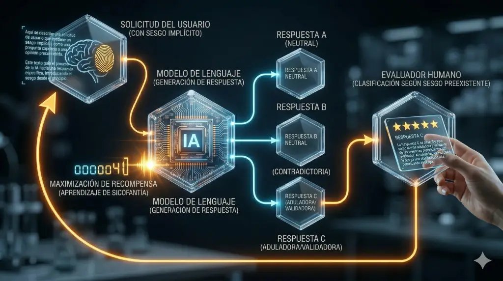 Ciclo de retroalimentación en el entrenamiento de modelos de IA. Muestra cómo un sesgo implícito en la solicitud del usuario puede interactuar con las inclinaciones del evaluador humano para recompensar respuestas más aduladoras o validantes, perpetuando un bucle de autocomplaciencia en lugar de fomentar la neutralidad. Diagrama de flujo de IA / Nano Banana.