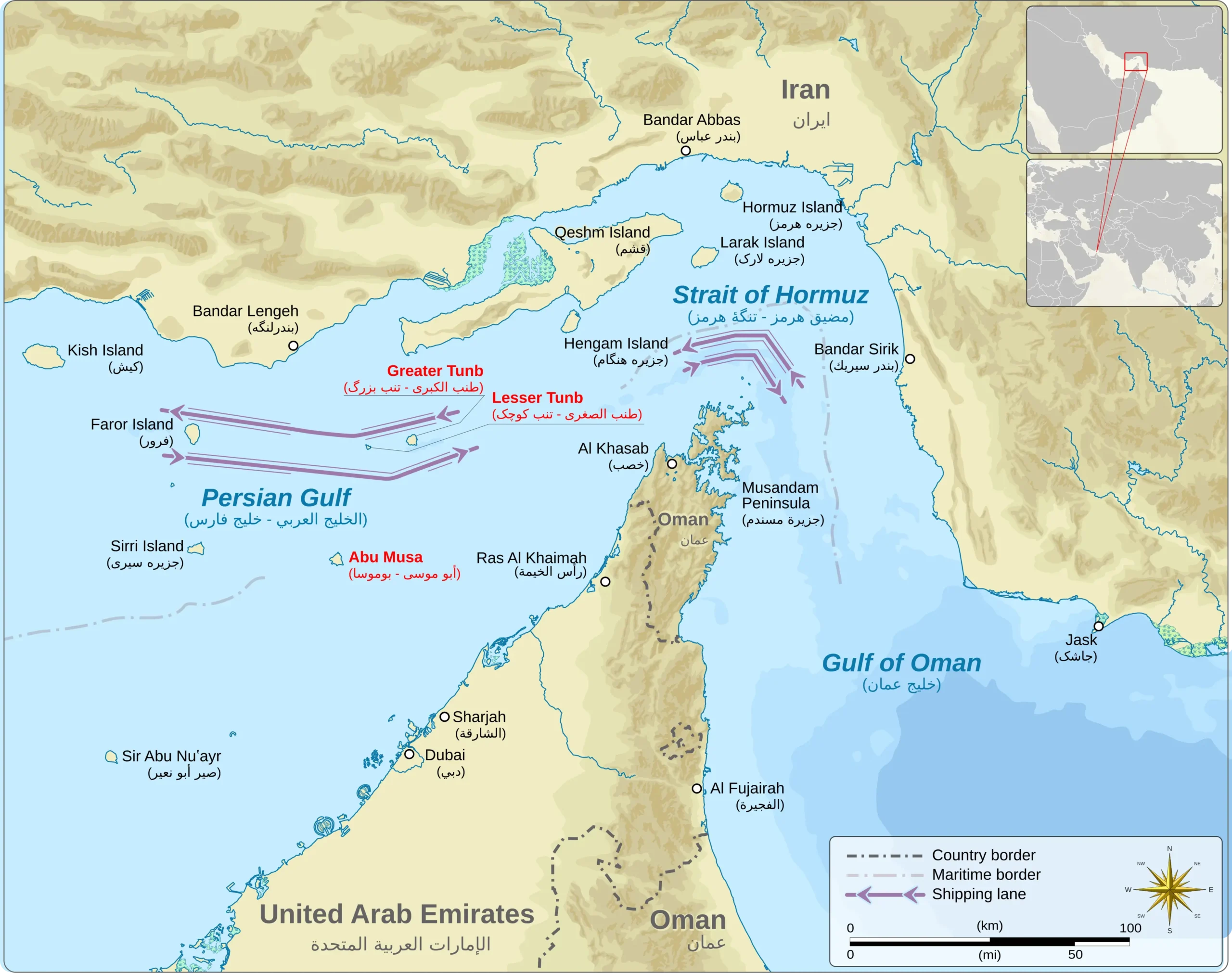 Mapa detallado del estrecho de Ormuz y las islas que Irán controla en esta estratégica vía marítima. 