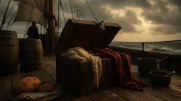 Un cofre y provisiones en la cubierta de un barco antiguo sugieren la vida cotidiana en alta mar.