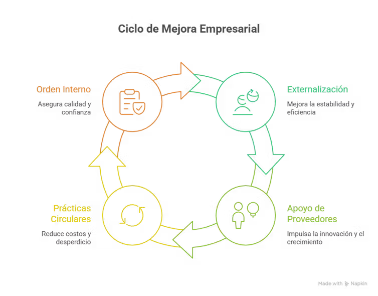 Diagrama circular con cuatro etapas conectadas por flechas: orden interno, externalización, apoyo de proveedores y prácticas circulares. El esquema muestra un ciclo continuo de mejora empresarial.