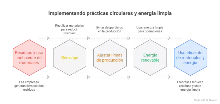 Diagrama secuencial compuesto por cinco etapas conectadas por flechas: residuos e ineficiencia en el uso de materiales, reciclaje, ajuste de líneas de producción, energía renovable y uso eficiente de materiales y energía.