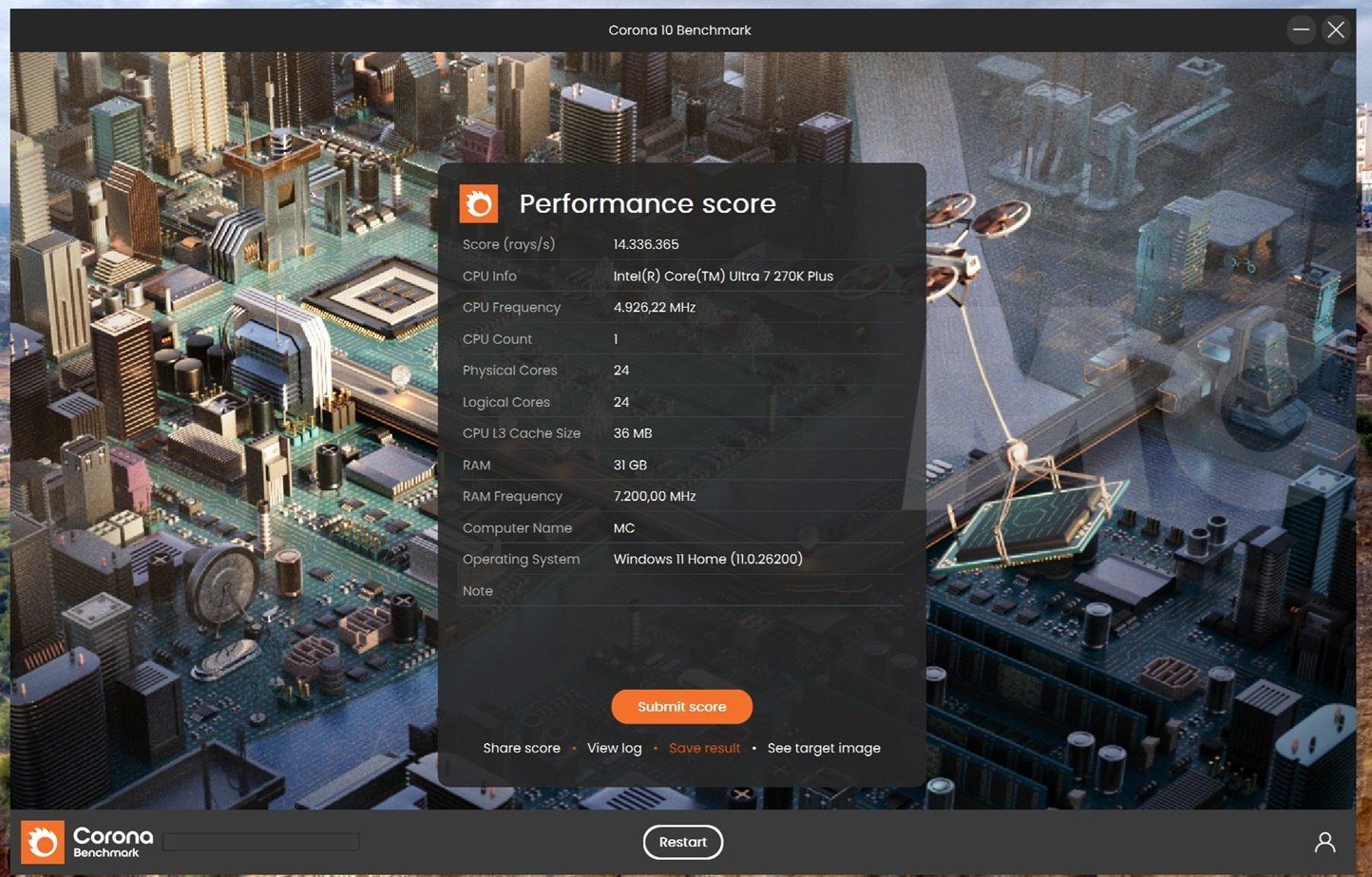 intel core 7 270k plus corona
