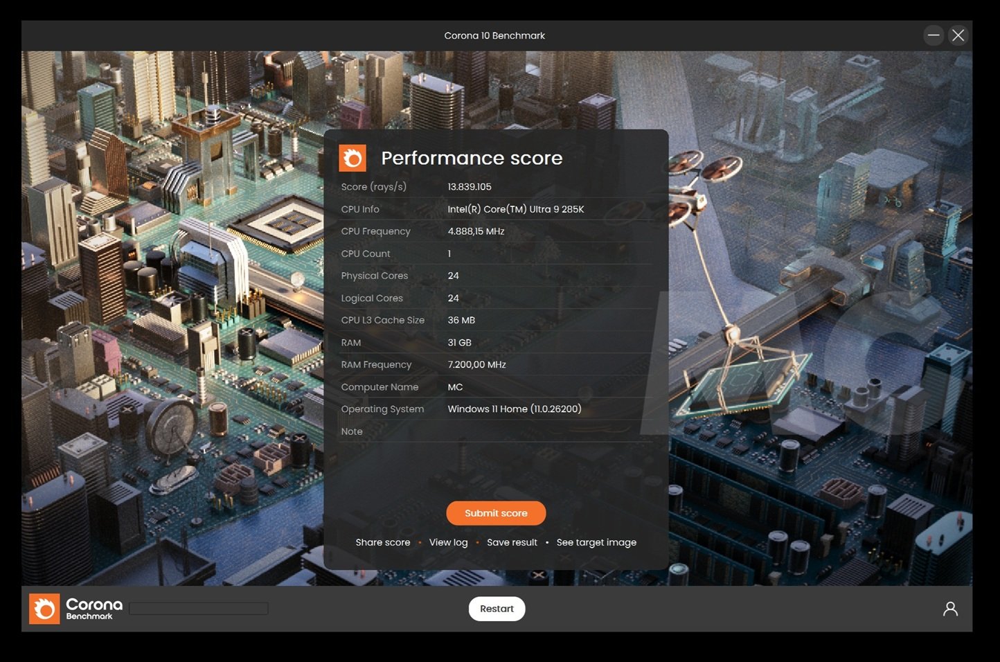 intel core ultra 9 285k corona