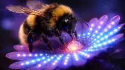 Un abejorro común posado sobre una flor artificial de laboratorio