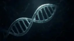 Ilustración de una doble hélice de ADN iluminada sobre un fondo oscuro.