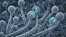 Representación artística de lo que podría ser una micrografía electrónica de hifas y esporas de Mucor, con regiones destacadas que sugieren actividad genética. Imagen generada por IA (ChatGPT / Scruzcampillo).