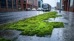 Recreación artística de un sistema de musgo urbano activo absorbiendo agua de lluvia. Nano Banana / Scruzcampillo.
