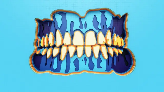 Ilustración de dientes humanos sobre fondo azul