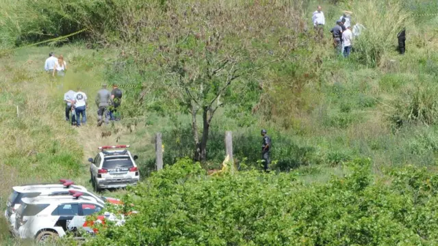 Tres vehículos policiales en un campo rodeado de vegetación y árboles, y cinco personas de pie cerca.