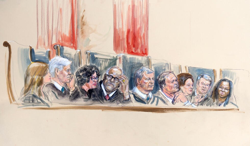Este boceto de la sala del tribunal muestra a los magistrados del Tribunal Supremo, de izquierda a derecha: Amy Coney Barrett, Neil Gorsuch, Sonia Sotomayor, Clarence Thomas, el presidente del Tribunal Supremo John Roberts, Samuel Alito, Elena Kagan, Brett Kavanaugh y Ketanji Brown Jackson, mientras escuchan los argumentos el miércoles 5 de noviembre de 2025 en Washington.