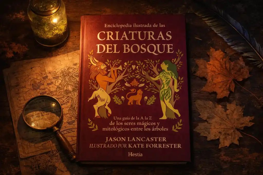 Recreación artística que muestra un libro de criaturas del bosque cerrado sobre una mesa de estudio naturalista, rodeado de objetos místicos como una luciérnaga en frasco, una lupa de latón y hojas secas, en una atmósfera cálida de descubrimiento nocturno. Foto: ChatGPT / Scruzcampillo.