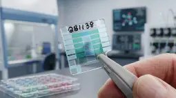 Recreación artística que ilustra la manipulación de un biochip de microfluídica transparente, etiquetado manuscritamente como '2B1138', con pinzas de laboratorio sobre una placa de pocillos coloreados en un entorno de investigación biotecnológica. Foto: Nano Banana / Scruzcampillo, a partir de una imagen de CISRO.