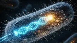 Recreación artística que muestra la inserción de un genoma sintético en una célula bacteriana, activando su maquinaria interna mediante pulsos de energía luminosa. Foto: ChatGPT / Scruzcampillo.