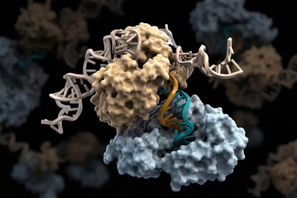 Arquitectura molecular del sistema de defensa bacteriano: síntesis coordinada de cadenas de ADN (naranja y cian) mediante dos enzimas. La primera (amarillo) utiliza un molde de ARN (beige) para guiar el ensamblaje de las bases nitrogenadas, mientras que la segunda (azul claro) emplea sus propios aminoácidos como plantilla estructural, un mecanismo biológico altamente inusual. Foto: Hyunbin Lee, modificada por Scruzcampillo.