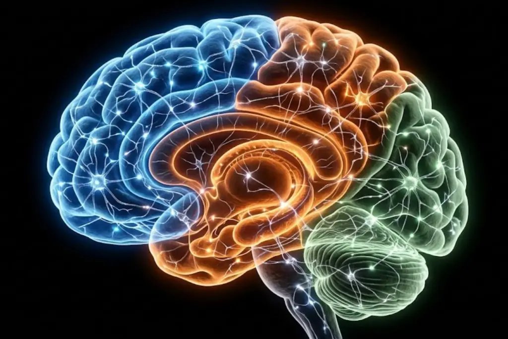 Recreación artística de un cerebro humano dividido en tres biotipos neurobiológicos diferenciados por colores (azul, naranja, verde) y patrones de conectividad neuronal, conceptualizando la precisión científica de un diagnóstico. Foto: Nano Banana / Scruzcampillo.