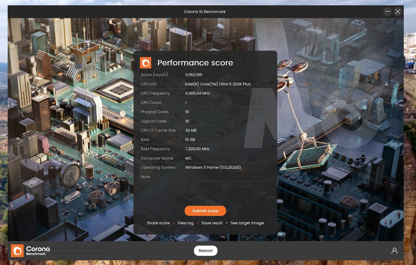 corona intel core ultra 5 250k plus 16 gb ram