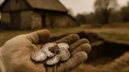 Monedas de plata antiguas recién halladas en una excavación frente a una granja antigua desenfocada.