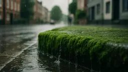 Paneles de musgo mojado en una calle urbana durante la lluvia, capturando agua antes de llegar al asfalto.