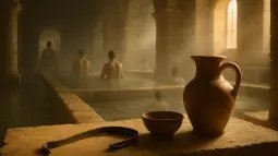 Interior de unas termas romanas con objetos de aseo antiguos en primer plano y vapor suave al fondo.