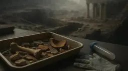 Bandeja de laboratorio con muestras arqueológicas frente a ruinas clásicas desenfocadas, evocando el estudio del ADN antiguo.
