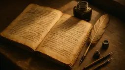 Un manuscrito antiguo abierto con marcas de corrección sobre una mesa de trabajo iluminada por luz cálida.