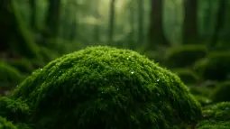 Primer plano de un tapiz de musgo sobre una roca húmeda en un bosque, iluminado por luz suave.