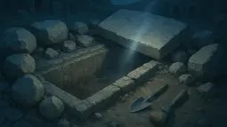 Tumba antigua con una losa pesada y piedras sobre el área del enterramiento en una excavación arqueológica.