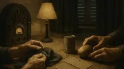 Mesa de cocina de los años cuarenta con cartillas de racionamiento, radio y luz tenue durante un apagón.