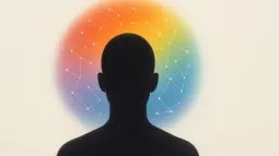 Ilustración de una silueta anónima con un degradado tipo espectro y puntos conectados alrededor de la cabeza.