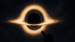 Ilustración editorial de un agujero negro con un disco brillante y luz curvada en el espacio.