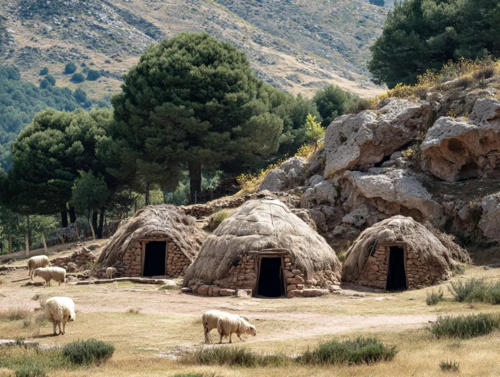 Cabañas de montaña y ovejas