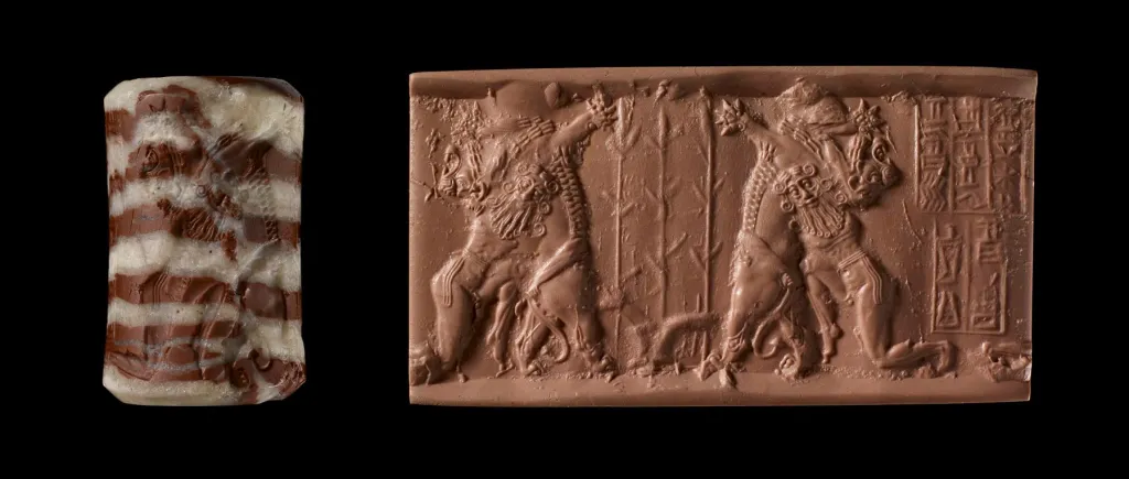 Cilindro-sello (2400 a. C.-2200 a. C.) con una posible representación de Gilgamesh