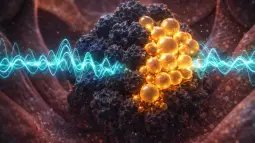 Recreación artística que muestra células tumorales en la laringe transformándose en formas celulares lisas y saludables al ser atravesadas por ondas mecánicas de sonido, ilustrando el posible efecto biológico de la vibración acústica sobre tejidos cancerosos. Foto: ChatGPT / Scruzcampillo.