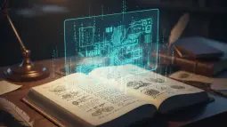 Representación artística de un antiguo manuscrito científico sobre un escritorio, donde las ilustraciones y la tinta se transforman en proyecciones de código digital y secuencias binarias, creada por IA. Foto: Nano Banana / Scruzcampillo