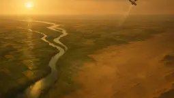 Vista aérea del delta del Nilo con contornos sutiles que sugieren estructuras enterradas detectadas mediante observación satelital.