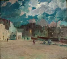 Pintura de un pueblo pesquero de noche.