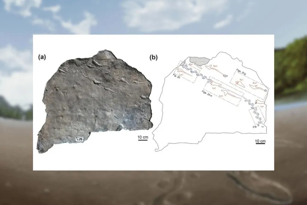Una losa de piedra conserva impresas las huellas fosilizadas, mientras que un esquema interpretativo permite distinguir con claridad dos trayectorias distintas: la del pequeño animal, marcada en azul, y la del pterosaurio, señalada en rojo