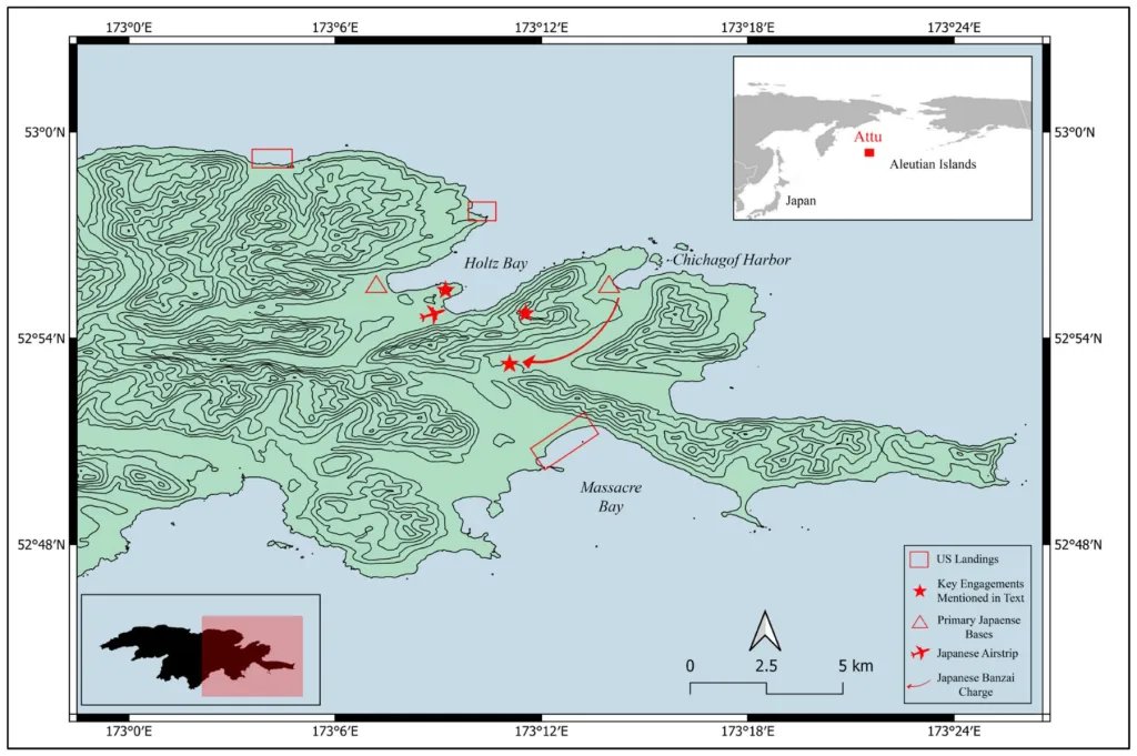 Mapa de la batalla de Attu (1943)