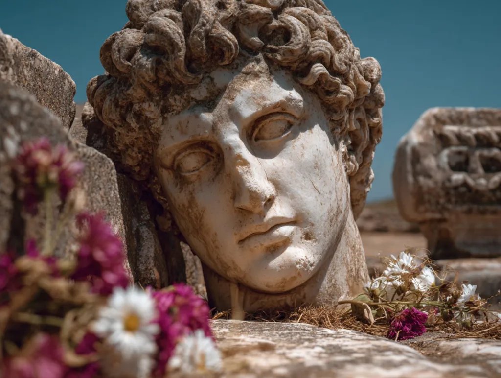 Estatua y flores