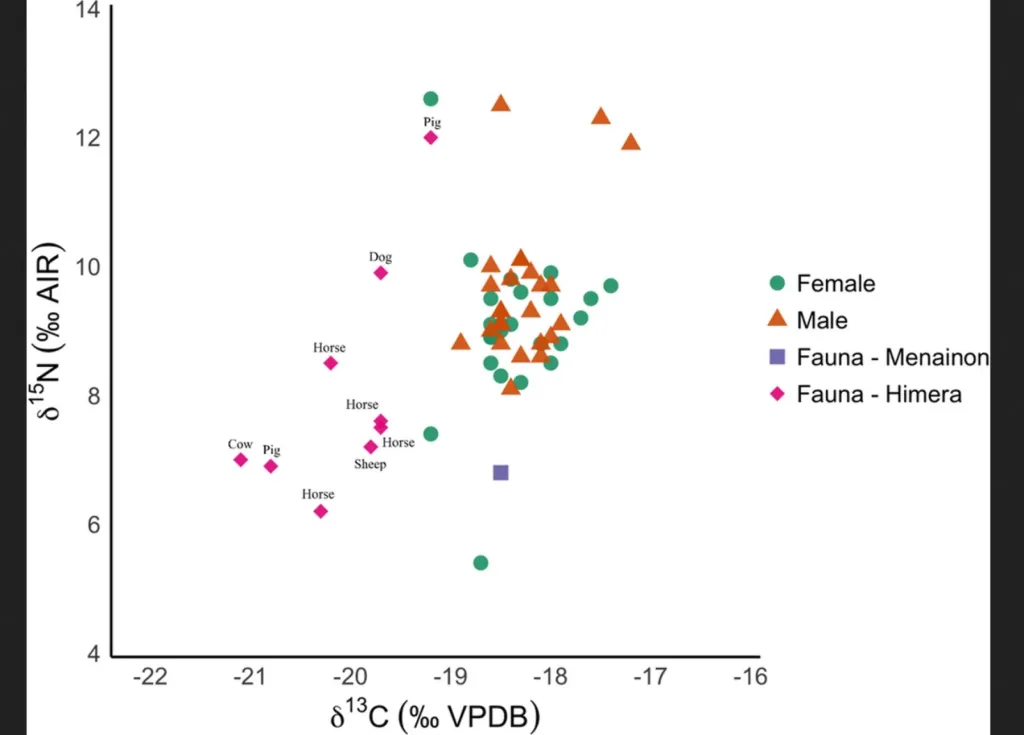 Resultados de δ13Ccolágeno y δ15N para el colágeno óseo de individuos masculinos y femeninos, una oveja y fauna procedentes de Himera. 