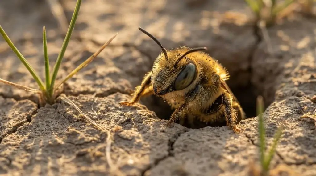 A diferencia de las abejas melíferas, Andrena regularis excava su propio nido individual en el suelo, sin estructura social ni reina.