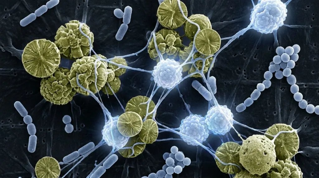 Visualización artística de ictiocarbonatos (partículas de CaCO₃) en interacción con bacterias marinas del intestino del pez. Ilustración generada con IA. Foto: Nano Banana / Scruzcampillo.