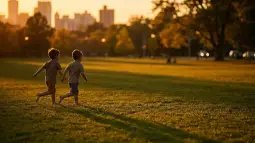 Recreación artística de dos niños corriendo en un parque urbano al atardecer, evocando el juego libre en la etapa preescolar. Imagen generada con IA. Fuente: Nano Banana / Scruzcampillo.