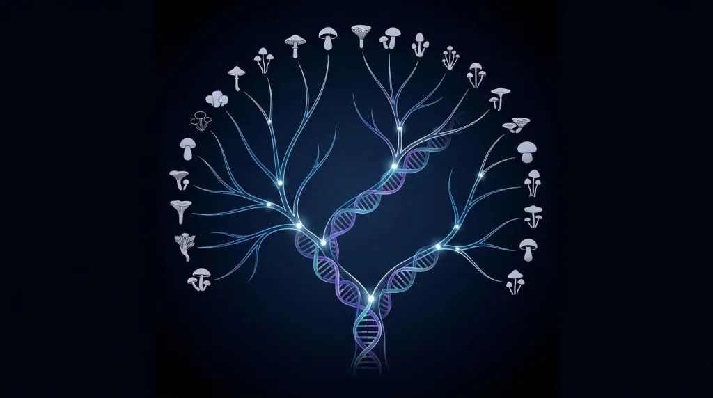 Representación visual del análisis filogenético de 53 especímenes de Lanmaoa asiatica, que comparó 1.515 genes ortólogos sin hallar las vías biosintéticas de los psicodélicos conocidos. Imagen generada con IA. Fuente: Nano Banana / Scruzcampillo.