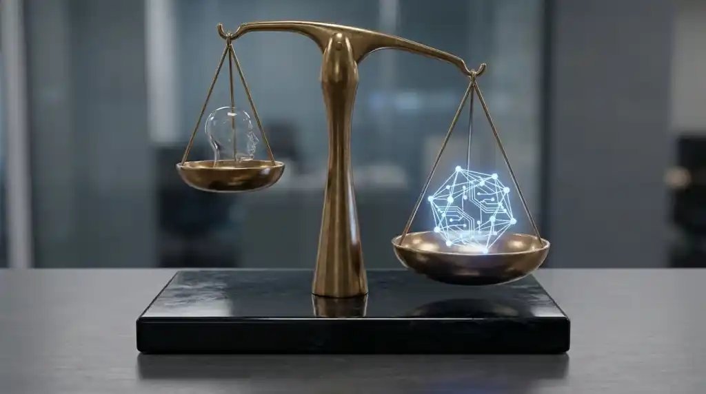Recreación artística de la asimetría de criterio entre juicio humano y algorítmico documentada en el experimento. Fuente: Nano Banana / Scruzcampillo.