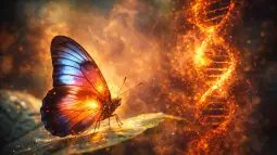 Recreación artística que muestra una mariposa tropical posada sobre una hoja mientras, a su alrededor, el calor ambiental aparece representado por una doble hélice de ADN que se desintegra, simbolizando el impacto del calentamiento extremo sobre la estabilidad genética de los organismos. Foto: ChatGPT / Scruzcampillo.