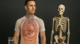 Representación superpuesta de los órganos internos del cuerpo humano junto a un esqueleto, simbolizando la complejidad anatómica y fisiológica del cuerpo.