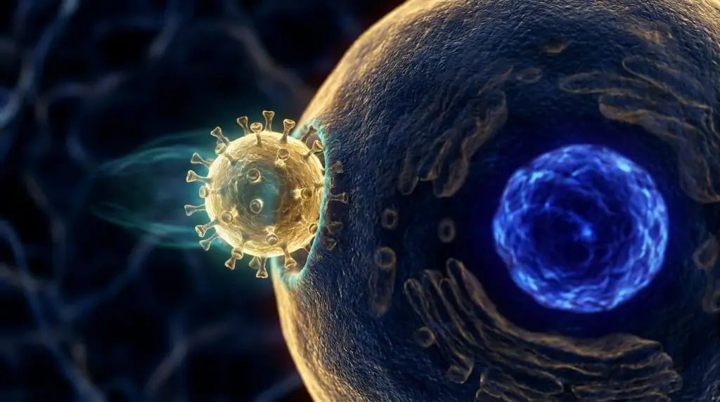 Recreación artística de un vector viral AAV2 portador de los factores de transcripción OSK aproximándose a la membrana de una célula ganglionar de la retina humana. Fuente: Nano Banana / Scruzcampillo.