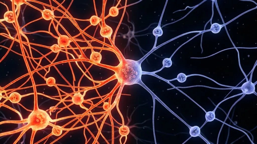 Representación visual del contraste entre sinapsis sobrecargadas por la vigilia y sinapsis restauradas mediante oscilaciones lentas inducidas. Imagen generada con IA. Fuente: Nano Banana / Scruzcampillo.